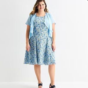 Perceptions Light Blue Ruffled Jacket with Blue Floral Dress Sz S